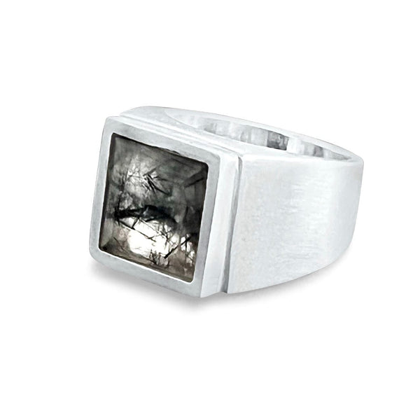 Men´s ring signet black rutile quartz stone - Black Rock Jewel