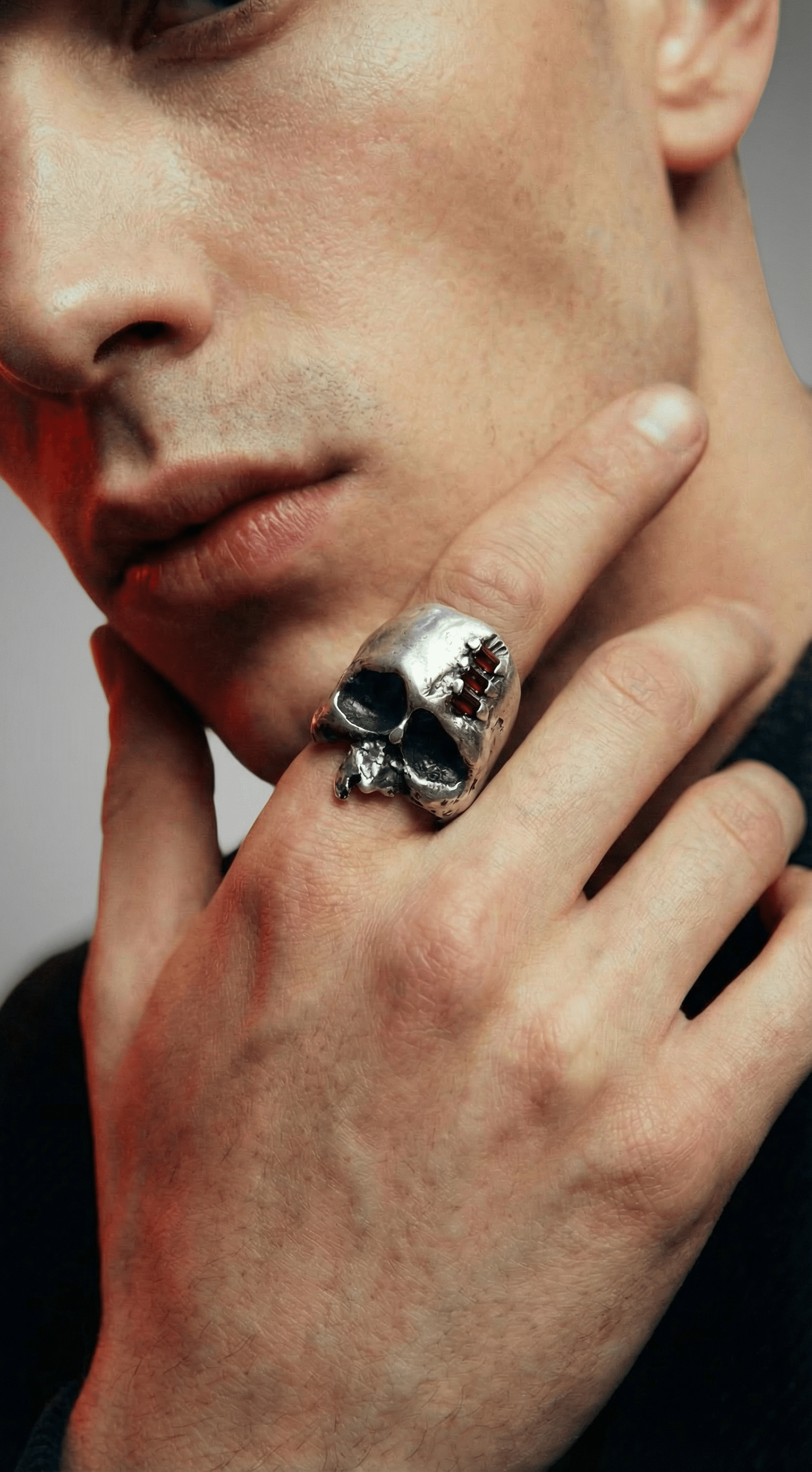 MEND — Garnet Suture Skull | Solid Sterling Silver Black Rock Jewel MEND Garnet Suture Skull Ring | Black Rock Jewel ring