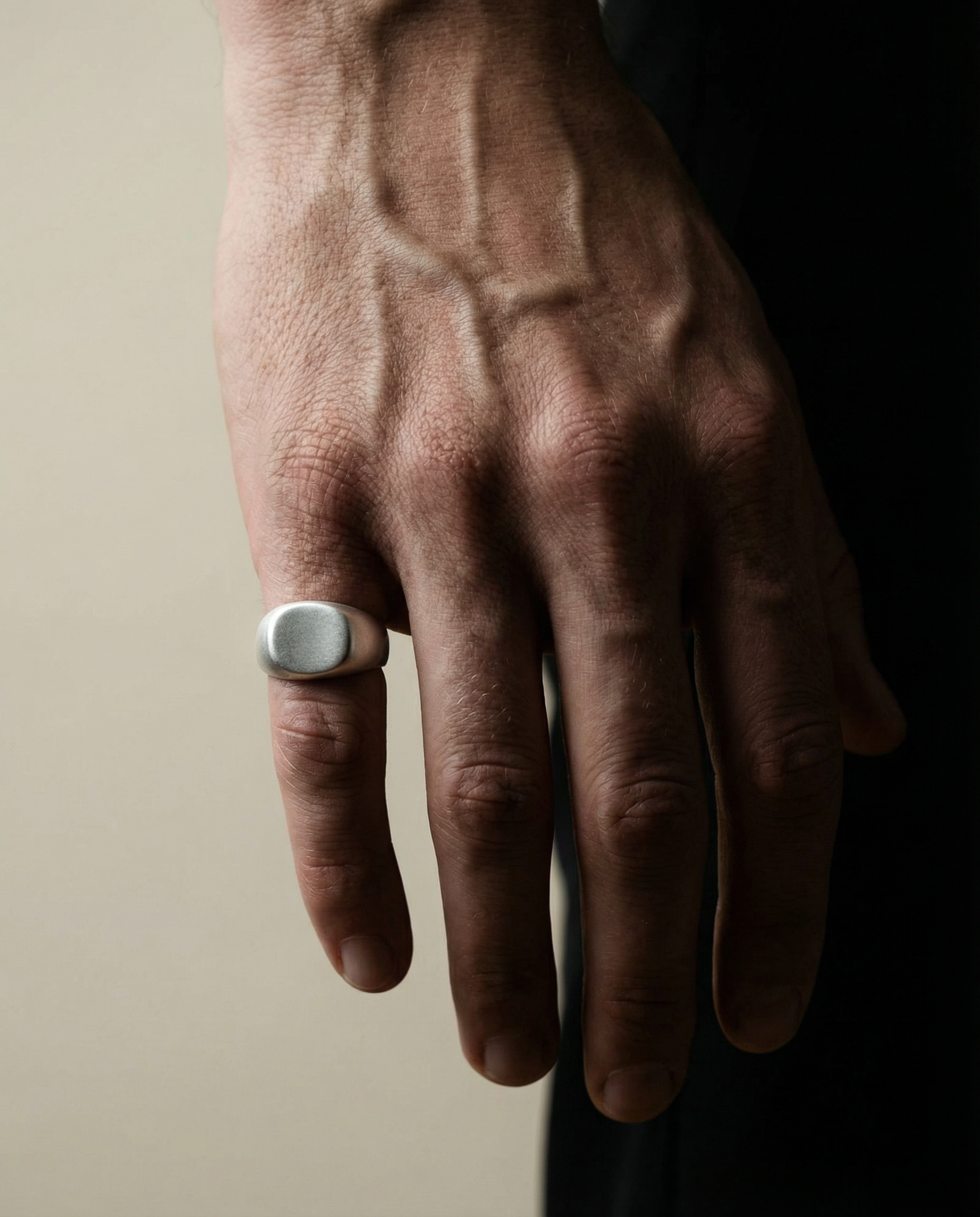 SAGA heritage smooth signet ring on hand · sterling silver · Black Rock Jewel