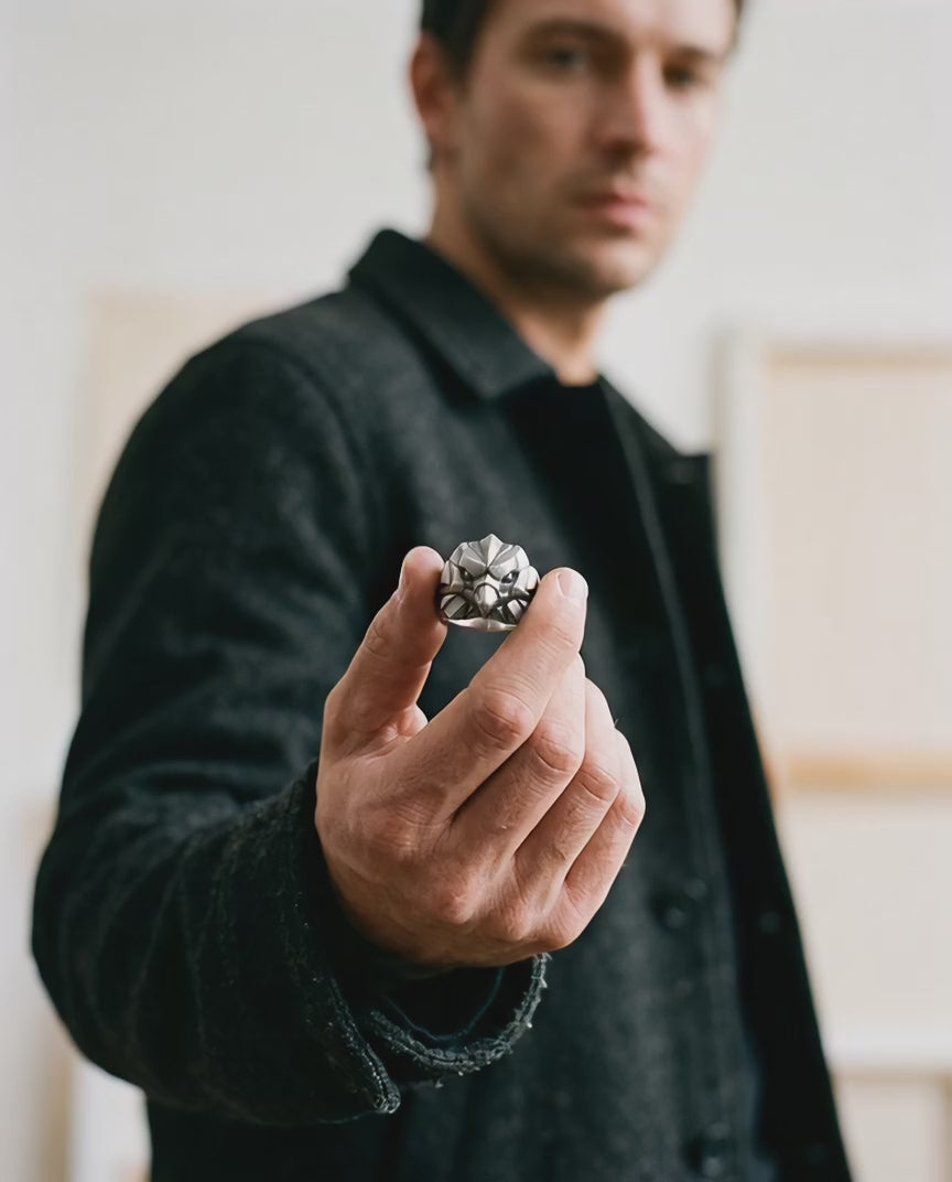 AETOS eagle head signet ring in 925 sterling silver held by a model – Black Rock Jewel video