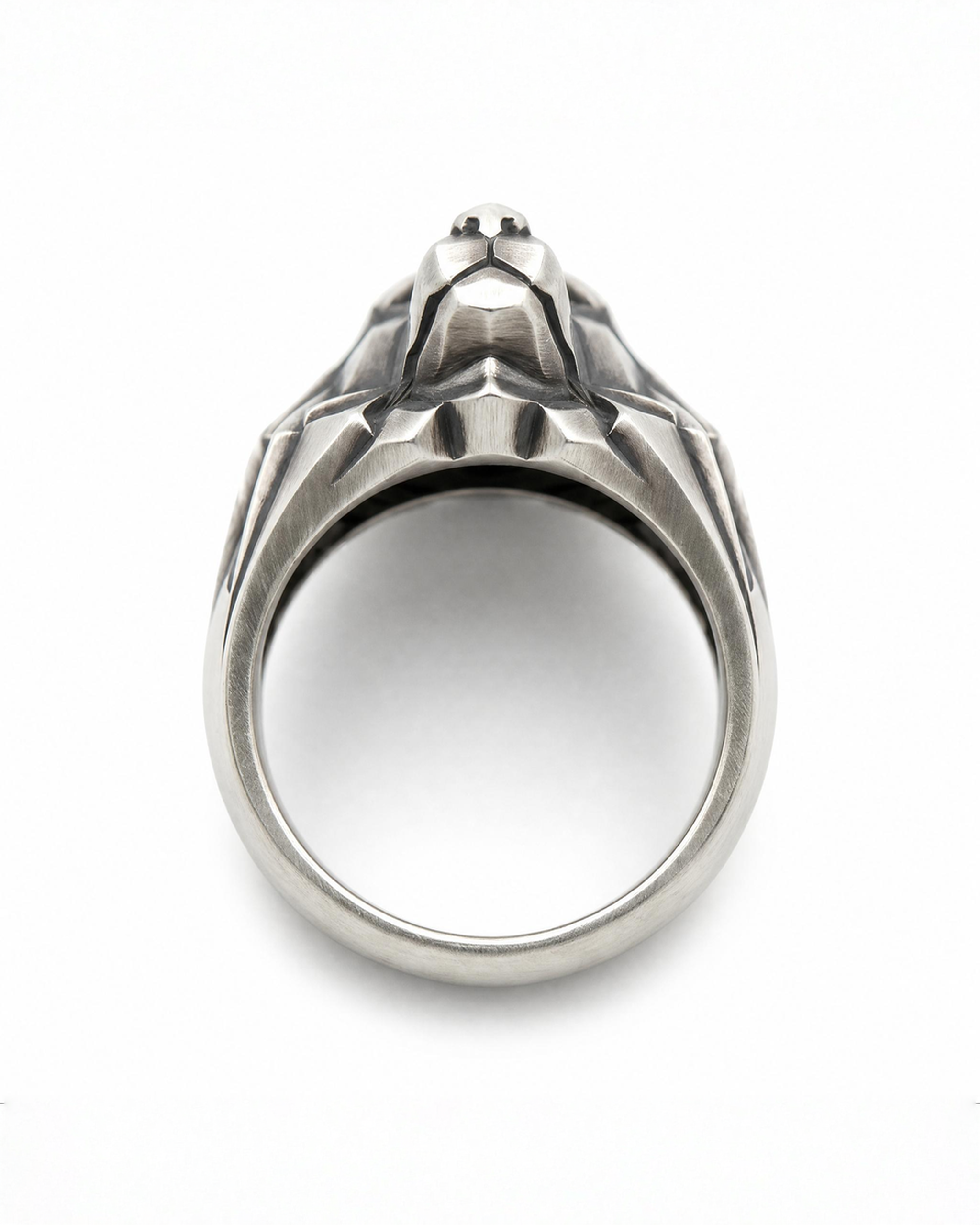 FENRIR hand-carved wolf head signet ring on hand · 925 sterling silver · Black Rock Jewel