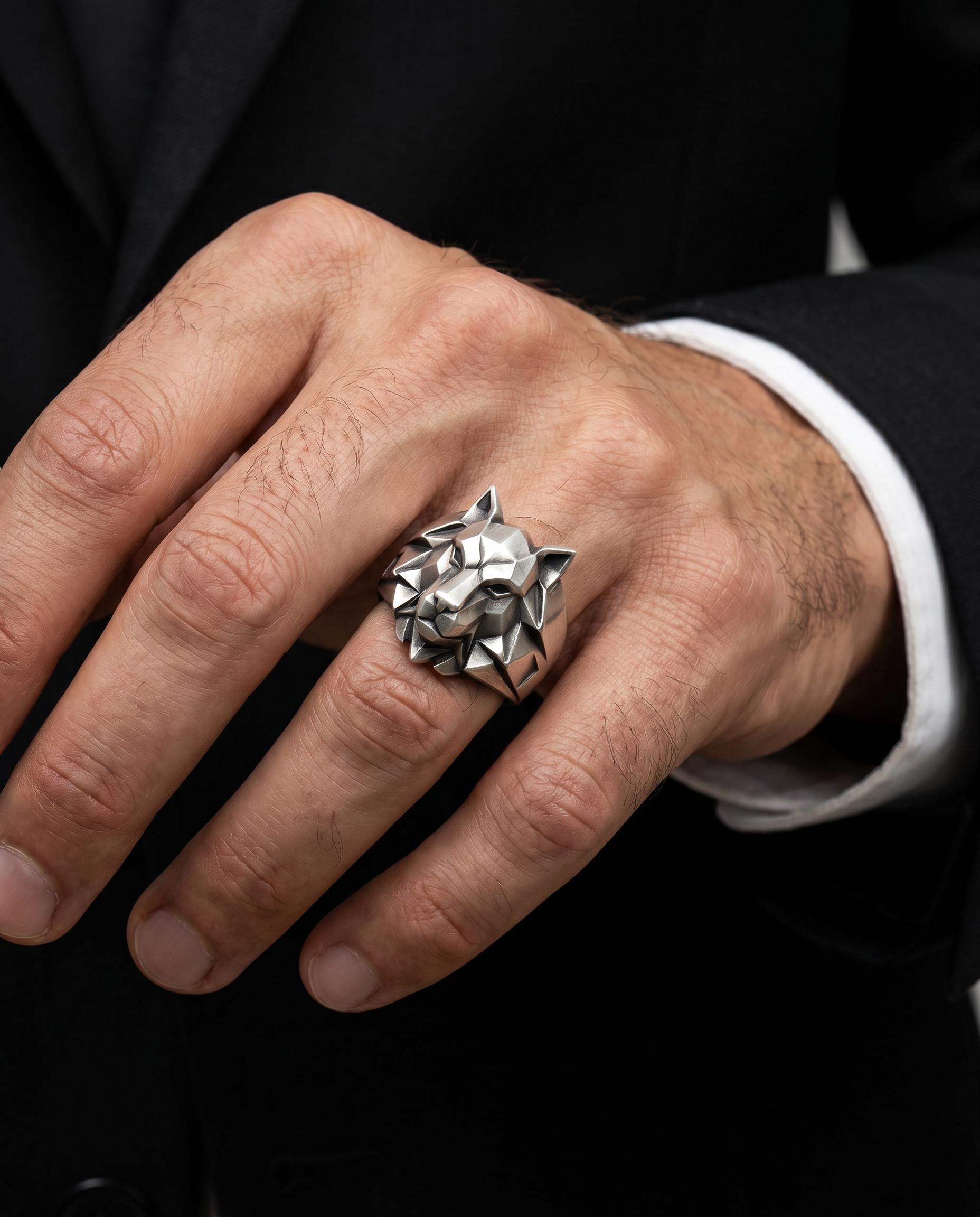 FENRIR wolf head signet ring on model hand · 925 sterling silver · Black Rock Jewel