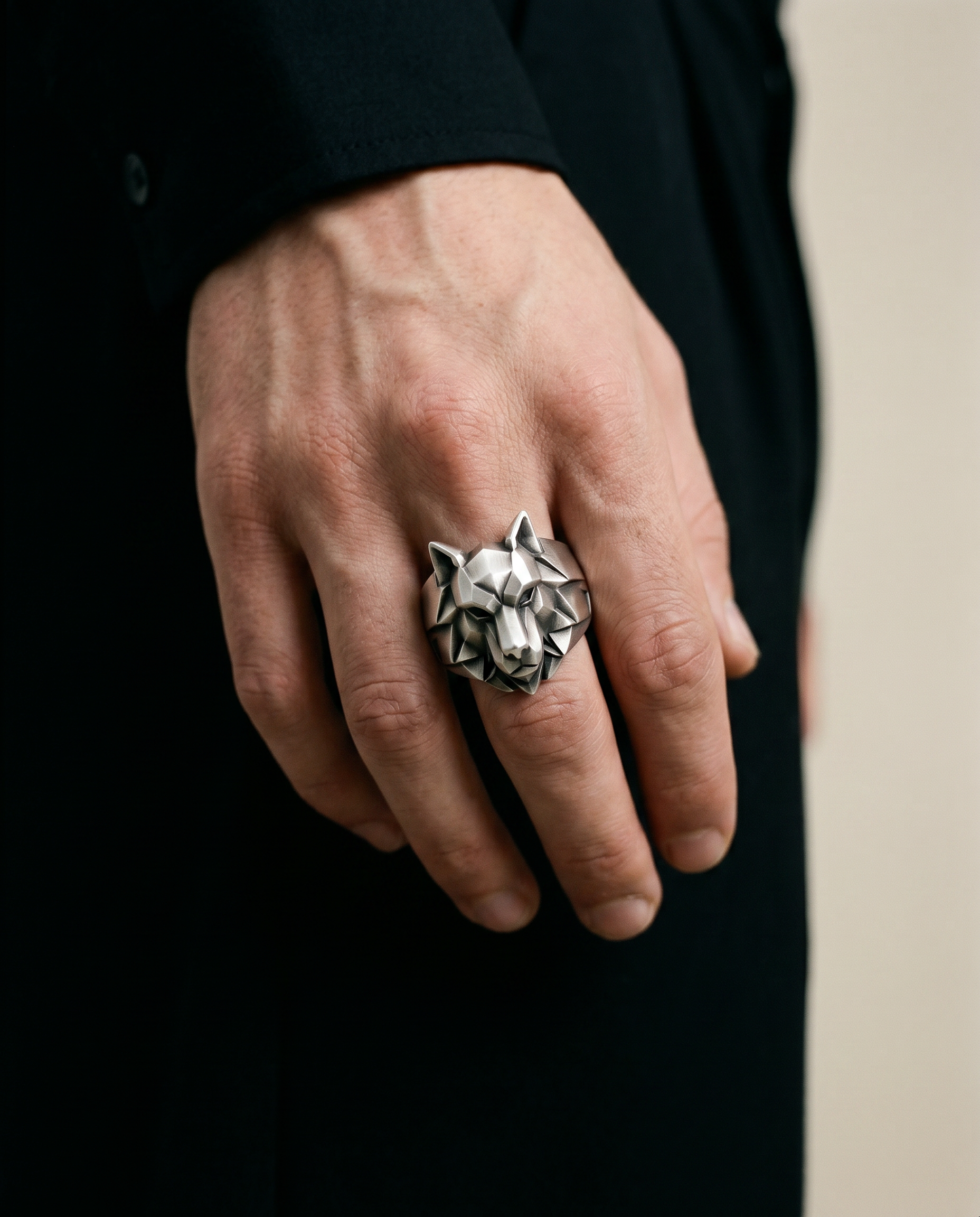 FENRIR wolf head signet ring macro texture · recycled 925 sterling silver · Black Rock Jewel