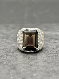 Diamond carved ring with Smoky Quartz Gemstone - Black Rock Jewel