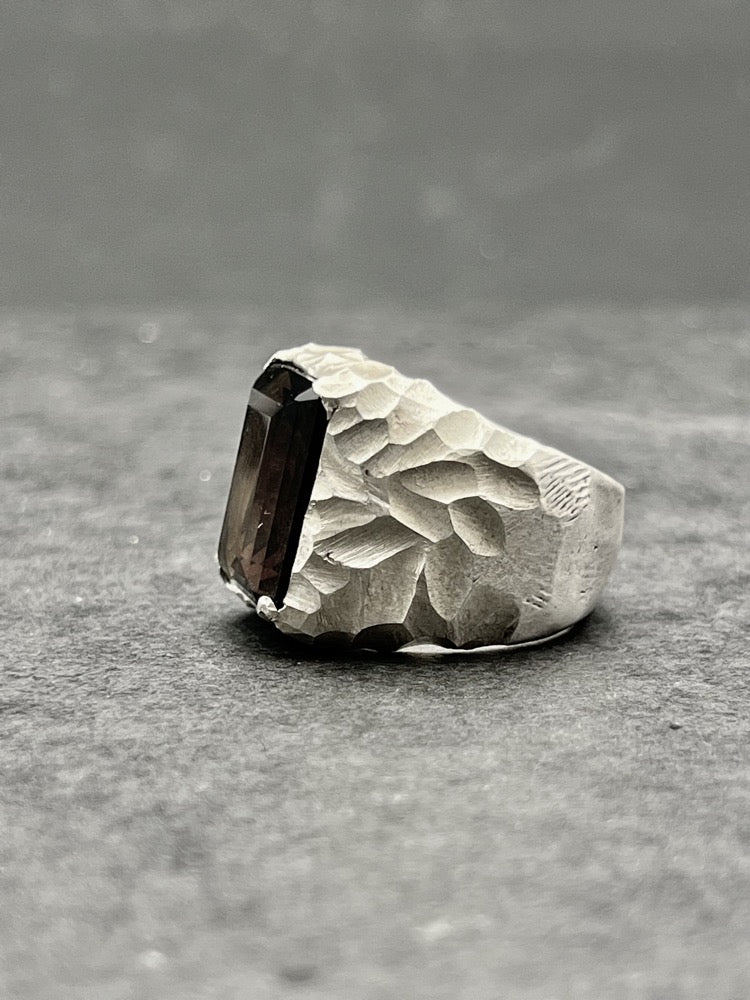 Diamond carved ring with Smoky Quartz Gemstone - Black Rock Jewel