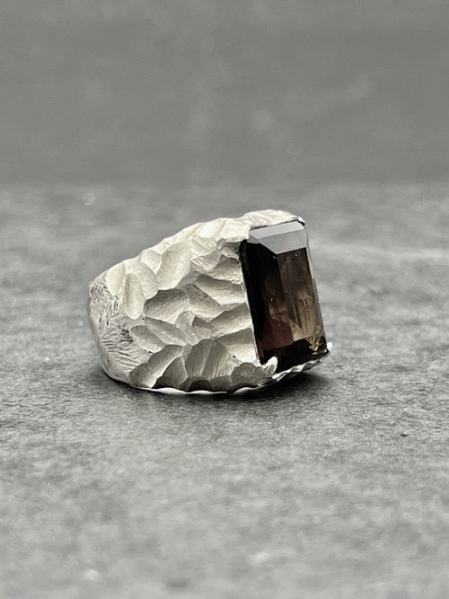 Diamond carved ring with Smoky Quartz Gemstone - Black Rock Jewel